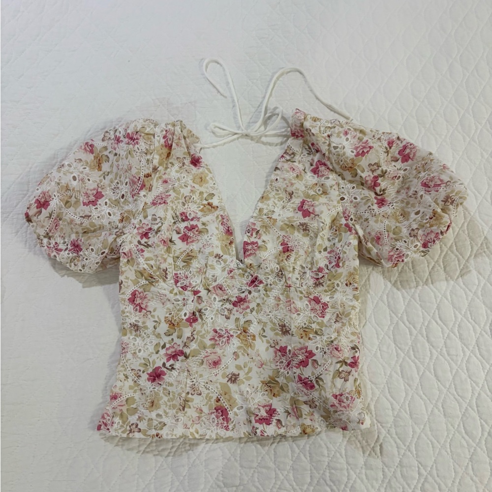 Astr Floral Lace Puff Sleeve Blouse